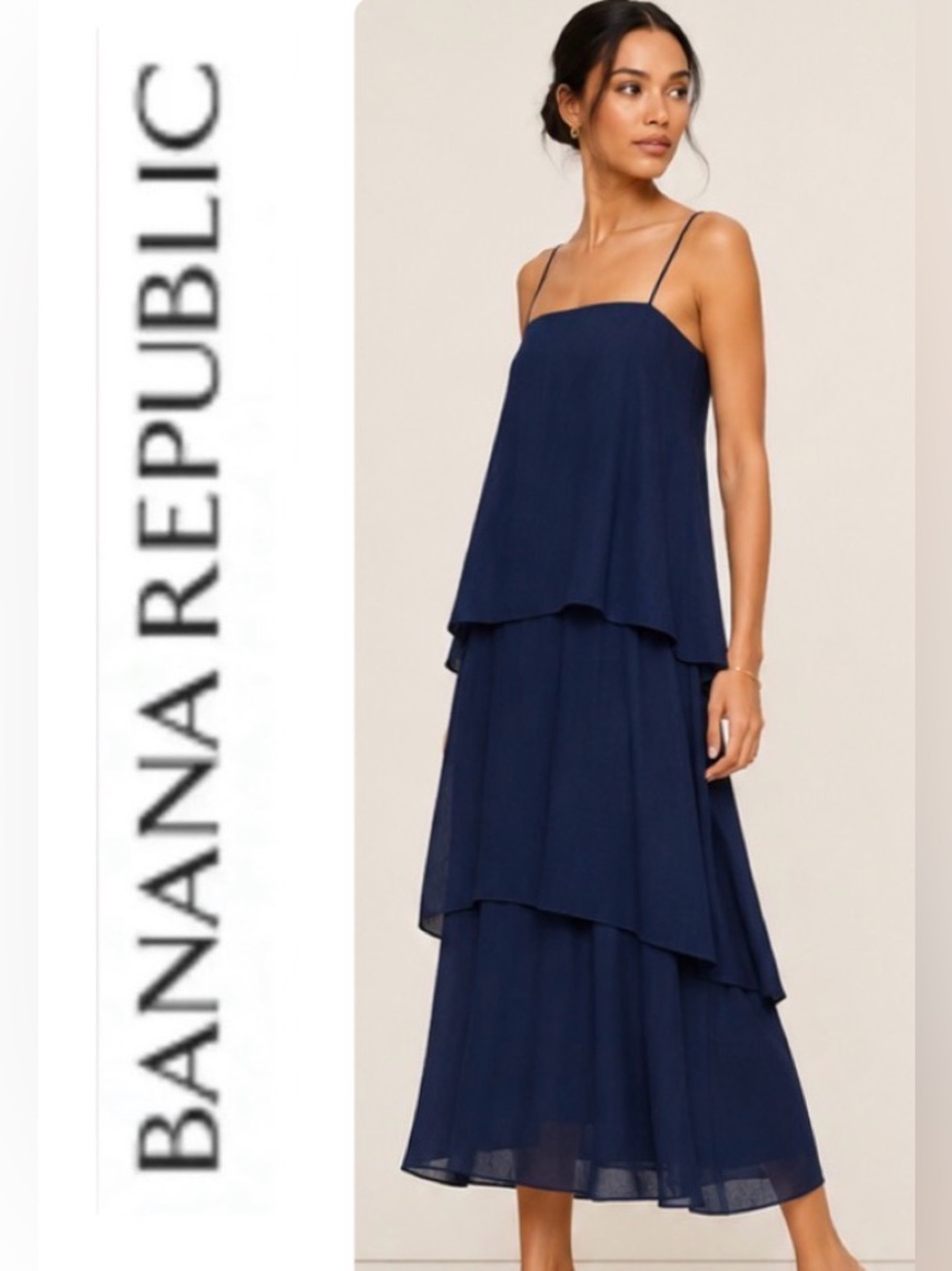 Banana Republic Tiered Midi Dress Navy Blue Size 8P Petite